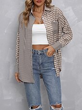 economico Giacche per camicie-Per donna Camicia Blusa Plaid Moderno Casual Manica Lunga Colletto a Camicia Top Regolari Quotidiano Uscire Tasca Bottoni Viola Marrone Autunno