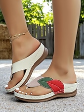 billige Komfortsandaler-Kilesandaler med fargeblokkmønster i bladdesign til dame – myke slip-on-flip-flops for hage, brunsj og sommerturer