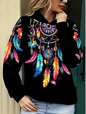 levne Boho topy-Dámské Mikina s kapucí s kapucí Grafika Etno Vinobraní Módní Západní Dlouhý rukáv Kapuce Běžné topy ulice Na den Dovolená Tisk Přední kapsa Černá Podzim Zima