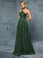 levne zelená-Šaty A-line Quinceanera Elegantní Šaty Formální Svatba Dlouhé Bez Rukávů Jedno Rameno Polyester s Plisováním