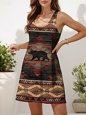 preiswerte Boho Kleider-Damen Minikleid Sommerkleid A Linie Kleid Urlaub Lässig Boho Outdoor Party Täglich Normale Passform Grafik Geometrisch Farbblock Ärmellos U-Ausschnitt Rote Blau Purpur Khaki Sommer Frühling