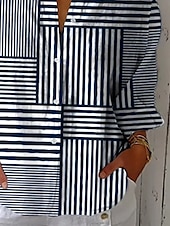 billige Kvinne Striper &amp; Geometriske Topper-Dame Skjorte Grafisk Geometrisk Stripet Årgang Tropisk Daglig Langermet Skjortekrage Vanlige topper Arbeid Daglig Ferie Knapper Trykt mønster Navyblå Sommer Vår Høst