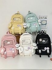 tanie Plecaki dla dzieci i nastolatków-dziewczęcy plecak szkolny w kolorze makaroników - wodoodporny, o dużej pojemności, z ozdobnymi szpilkami, brelokiem w kształcie pluszowego misia i wieloma kieszeniami, odpowiedni dla nastoletnich uczennic i do codziennego użytku na uczelni