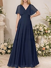 billiga Bröllopsgästklänningar-A-linjeade Bröllopsgäst Klänningar Elegant Klänning Bröllopsgäst Förlovning Golvlängd Kort Ärmar V-hals Chiffong med Fållar Draperad