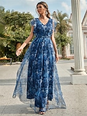 economico BLU-Abiti Quinceanera A-Line abito elegante formale lungo senza maniche scollatura a V in chiffon con stampa floreale