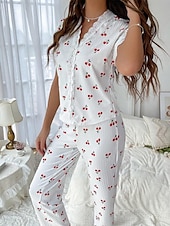 billiga Sovtoppar och underdelar till dam-Dam Pyjamas set Ledigt Komfort Körsbär Elastisk midja Skjorta Byxa Hem Dagligen Kortärmad V-hals Vit Sommar Vår Höst Normal