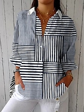 billige Kvinne Striper &amp; Geometriske Topper-Dame Skjorte Grafisk Geometrisk Stripet Årgang Tropisk Daglig Langermet Skjortekrage Vanlige topper Arbeid Daglig Ferie Knapper Trykt mønster Navyblå Sommer Vår Høst