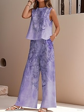 levne Sady-Dámské elegantní módní streetwear dvoudílné sety halenka vesta kalhoty kalhoty bez rukávů kulatý výstřih outdoor do práce ležérní květinový potisk dovolená denní sváteční modrá fialová šedá léto regular fit