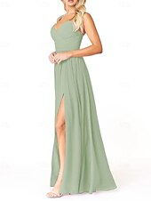 baratos Vestidos para Madrinhas-Vestido de dama de honra em corte A, decote em V, sem mangas, elegante, longo, em chiffon com pregas / frente aberta / franzido 2025