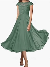 billiga Te Längd-A-linjeformad bröllopsfestmammas klänning elegant enkel krage ankellängd chiffon kort ärm med veck solid färg