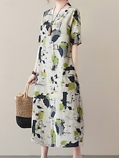 cheap Print Cotton &amp; Linen Dresses-Women&#039;s Maxi Dress Summer Dress Casual Daily Regular Fit Graphic Short Sleeve Crew Neck Gray Summer