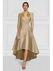 preiswerte Bodenlänge-Schwarz-weiß Blazer Dress A-Linie Mutter der Braut Kleid Elegant Revers Asymmetrisch Knöchellang Satin Langarm mit Farbkombination