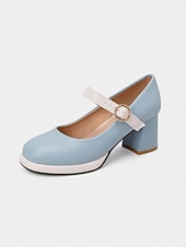 abordables Retro de los años 50-Tacones Mary Jane mod de los años 50 para mujer: zapatos retro de tacón grueso con punta redonda en azul y blanco con correa para atuendos vintage, fiestas de té o uso diario.