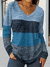 abordables T-shirt rayé et géométrique-Femmes T-shirt A Ombre Graphique Géométrique ancien Élégant Classique manche longue Col en V Hauts Réguliers Quotidien Imprimé Bleu Violet Orange Vert Printemps Automne