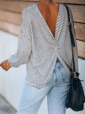 ieftine Tricou cu dungi și geometric-Pentru femei Bluză Dungi Stilat Casual Manșon Lung Stil Nautic Topuri obișnuite Zilnic Imprimeu Negru Gri Vară Primăvară Toamnă