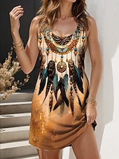 preiswerte Boho Kleider-Damen Minikleid Sommerkleid A Linie Kleid Urlaub Lässig Boho Outdoor Party Täglich Normale Passform Grafik Geometrisch Stammes Ärmellos U-Ausschnitt Weiß Gelb Rosa Blau Sommer Frühling