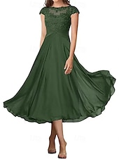 billiga Te Längd-A-linjeformad bröllopsfestmammas klänning elegant enkel krage ankellängd chiffon kort ärm med veck solid färg