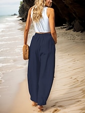 preiswerte Schlichte Hose aus Baumwollleinen-Damen Hose aus Baumwollleinen Basic Volle Länge Hohe Taille Einfach Tasche Komfort Außenbereich Mikroelastisch Urlaub Straße Lässig Schwarz Rosa Wein Marineblau Sommer Frühling Herbst Lässiger Schnitt
