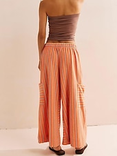 abordables pierna ancha y cintura alta-Mujer Perneras anchas Chinos Moda Ropa de calle Longitud total Alta cintura A Rayas Bolsillo Cintura elástica Estampado Confortable Suave Cómodo Microelástico Exterior Calle Azul Naranja Marrón Verde