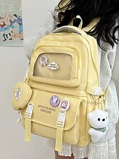 tanie Plecaki dla dzieci i nastolatków-dziewczęcy plecak szkolny w kolorze makaroników - wodoodporny, o dużej pojemności, z ozdobnymi szpilkami, brelokiem w kształcie pluszowego misia i wieloma kieszeniami, odpowiedni dla nastoletnich uczennic i do codziennego użytku na uczelni