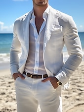 cheap Beach Suits-Men&#039;s Linen Suits White Summer Wedding Lightweight Casual Solid Colored Standard Fit 2 Piece Single Breasted One-button