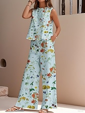 abordables Ensembles-Ensemble deux pièces élégant pour femme, mode streetwear, chemisier, gilet, pantalon, sans manches, col ras du cou, extérieur, travail, décontracté, imprimé floral, vacances, quotidien, vacances, blanc, bleu marine, bleu, été, coupe régulière