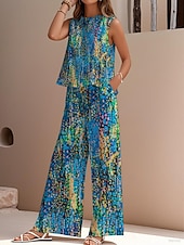 economico Set in cotone e lino-Completo due pezzi elegante da donna, stile streetwear, con camicetta, gilet, pantaloni, senza maniche, girocollo, casual, da lavoro, per attività all&#039;aperto, con stampa floreale, per le vacanze, vintage, per tutti i giorni, blu, viola, fucsia, estivo, ve