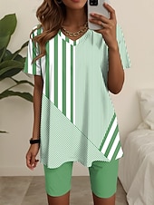 abordables Ensembles courts pour femmes-Femmes Mode T-shirt Ensembles de Shorts Manche Courte Col en V Graphique Rayé Imprimé Décontracté Quotidien Bleu Violet Vert Été Coupe Ample