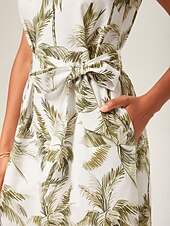 economico Abiti eleganti floreali-abito midi senza maniche in simil lino