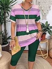 abordables Ensembles courts pour femmes-Femmes Mode T-shirt Ensembles de Shorts Manche Courte Col en V Graphique Rayé Imprimé Décontracté Quotidien Rose Claire Violet Vert Été Coupe régulière
