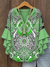 levne Dámské boho topy-Dámské Halenka Grafika Geometrický Elegantní Čechy Geleneksel 3/4 délka rukávu Do V Běžné topy Denní Dovolená Oblečení na dovolenou Volány Tisk Žlutá Světlá růžová Vodní modrá Fialová Trávová zelená
