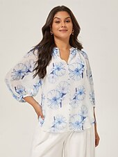 お買い得  シャツ、トップス、ブラウス-女性用 女性 カジュアルシャツ 花 カジュアル スカイブルー 五分袖 エレガント 旅行度假风 Ｖネック 夏 季節の変わり目