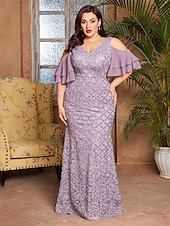 preiswerte lila-Meerjungfrau  Trompeten Abendkleid elegantes Kleid formelle Hochzeit bodenlang kurzer Ärmel V-Ausschnitt Spitze mit Stickerei