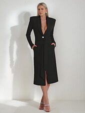 abordables Longueur du thé-Robe trapèze pour mère de la mariée, robe smoking, élégante, portefeuille, simple, minimaliste, col en V, revers châle, longueur midi, longueur thé, crêpe, tissu extensible, manches longues, couleur