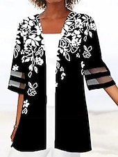 abordables vestes décontractées-Femmes Veste Décontractée Respirant Confortable Patchwork Imprimé Occasionnel Fleuri Vacances Rue Tenue quotidienne Sortir Ouvert devant Régulier Sans Col Coupe régulière Manche 3/4 Vêtements