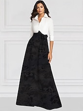 preiswerte Bodenlänge-Grün Schwarz und Weiß A-Linie Brautmutter Kleid Elegantes Vintage Hemdkragen Bodenlang Stretchstoff Langarm mit