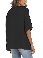 preiswerte Damen Einfache Oberteile-Damen Hemd Einfarbig Blumen Lässig Boho Dreiviertelarm Ellbogenärmel Rundhalsausschnitt Normale Oberteile Täglich Ausgehen Rüsche Bestickt Schwarz Weiß Rote Khaki Sommer