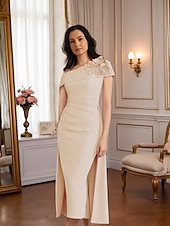 abordables Longueur du thé-Robe fourreau  colonne robe mère de la mariée robe formelle élégante vintage épaule unique longueur thé tissu extensible manches courtes avec appliques plissées robe de derby robe de jour de course