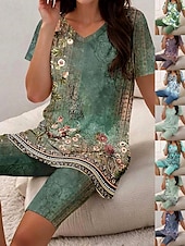 ieftine Seturi scurte pentru femei-Pentru femei Vacanță Epocă Modă Tricou Seturi de pantaloni scurți Manșon scurt În V Floral Grafic Imprimeu Casul / Zilnic Verde Deschis Mov Strugure Albastru Marin Închis Vară Fit regulat