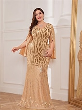 cheap CHAMPAGNE-Mermaid / Trumpet Plus Size Dresses Elegant Curve Dress Formal Wedding Floor Length Long Sleeve V Neck Polyester with Sequin
