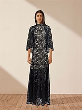 abordables JAUNE-Sirène / Trompette Robe de Soirée Élégant Robe Formel Mariage Longueur au sol Manche Courte Col haut Dentelle avec Châle 2025