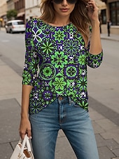 ieftine tricou floral-Pentru femei Bluză Grafic Elegant Boemia Casual Manșon Lung Stil Nautic Rotund Topuri obișnuite Zilnic Ieșire Costum de plajă Imprimeu Galben Albastru piscină Mov Trifoi Vară Primăvară