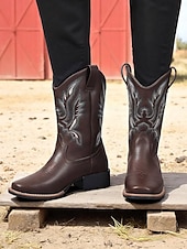 abordables Cowboy et bottes occidentales-bottes de cowboy mi-mollet brodées pour femmes, bottes western en similicuir pour les travaux agricoles, les célébrations des récoltes et les événements rustiques en plein air