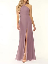 baratos Vestidos para Madrinhas-Vestido de dama de honra sereia/trompete, decote halter, sem mangas, elegante, longo, chiffon, com fenda frontal 2025