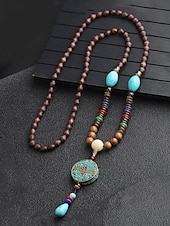 abordables Bijoux pour hommes-Collier pendentif en perles tribales pour homme – perles ethniques en bois faites à la main avec des accents turquoise, style bohème pour une tenue décontractée, de yoga, de méditation ou de festival