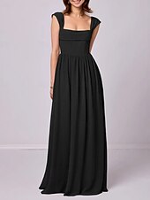 baratos Vestidos para Madrinhas-Vestido de madrinha linha A, alças, sem mangas, elegante, longo, chiffon, com pregas / franzido, 2025