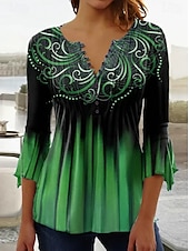 billiga Blommiga toppar-Kvinnors Blus V-hals Ombre Floral Graphic Elegant 3/4 Längd Ärm Vanliga Topp Daglig Ute Knappar Gräsgrön Svart och grå Blå Lila Grön Sommar Vår Höst