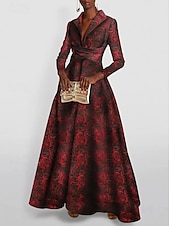 cheap RED-Red Jacquard Gown A-Line Evening Elegant Dress Formal Wedding Floor Length Long Sleeve Shirt Collar Pocket Nylon with Bow(s) Slit Pocket