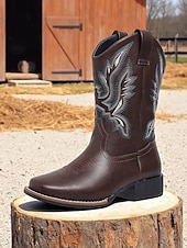 abordables Cowboy et bottes occidentales-bottes de cowboy mi-mollet brodées pour femmes, bottes western en similicuir pour les travaux agricoles, les célébrations des récoltes et les événements rustiques en plein air
