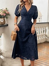 abordables Robe Simple-Femmes Robe Midi Robe trapèze Vacances Occasionnel Boho Extérieur Sortir Plage Coupe Ample Couleur Unie manche longue Col en V Noir Rouge Bleu Marron Été Printemps